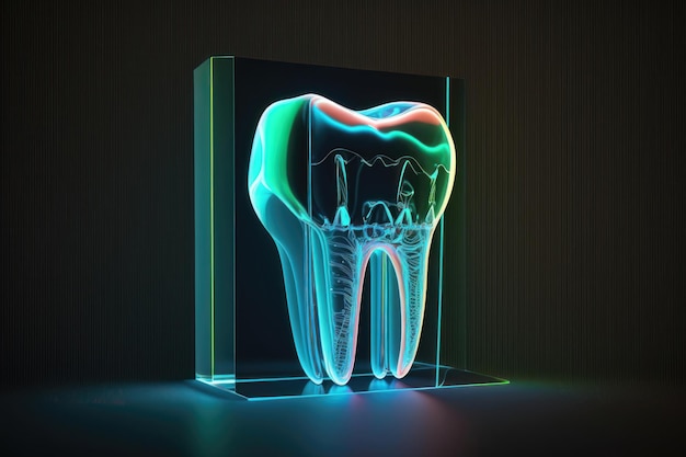 Immagine di un dente con ologramma al neon Concetto di medicina AI generato
