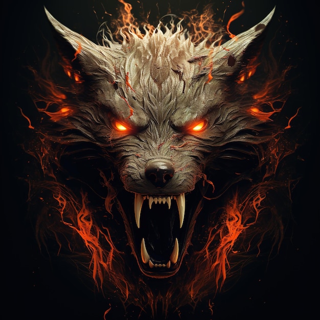 Immagine di un diavolo volpe arrabbiato terrificante e fiamme su sfondo scuro Illustrazione di animali della fauna selvatica IA generativa