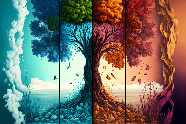 Immagine di un dipinto a quattro pannelli di un albero generativo ai