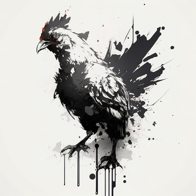 Immagine di un disegno di pollo utilizzando un pennello e inchiostro nero su sfondo bianco Animali da fattoria Illustrazione AI generativa