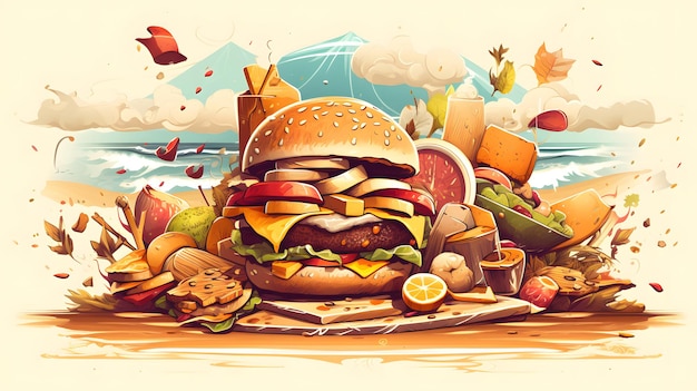 Immagine di un enorme hamburger circondato da altre giunche e giunche IA generativa