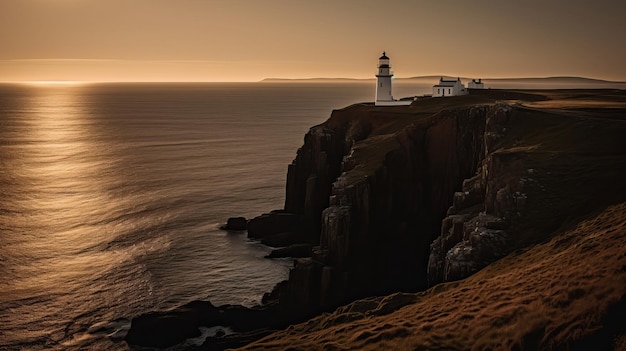 Immagine di un faro sulla collina vicino al bellissimo mare IA generativa