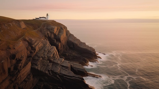 Immagine di un faro sulla collina vicino al bellissimo mare IA generativa