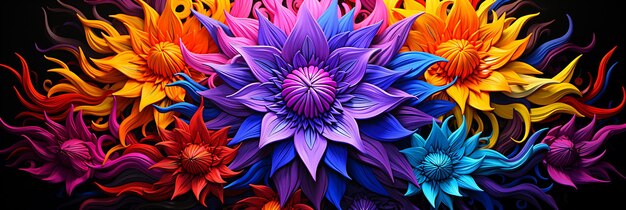 Immagine di un fiore colorato su sfondo nero con tanti petali IA generativa