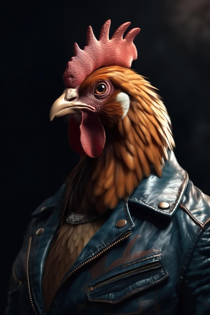 Immagine di un gallo elegante e cool come moda e indossava una giacca di pelle Moderna moda Animali Illustrazione Generativa AI