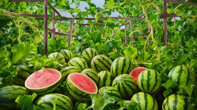 immagine di un giardino abbondante con cocomeri succosi maturi