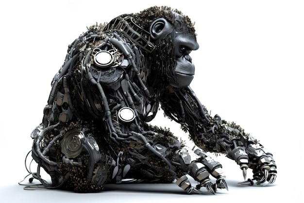 Immagine di un gorilla modificato in un robot su sfondo bianco Illustrazione di animali selvatici IA generativa