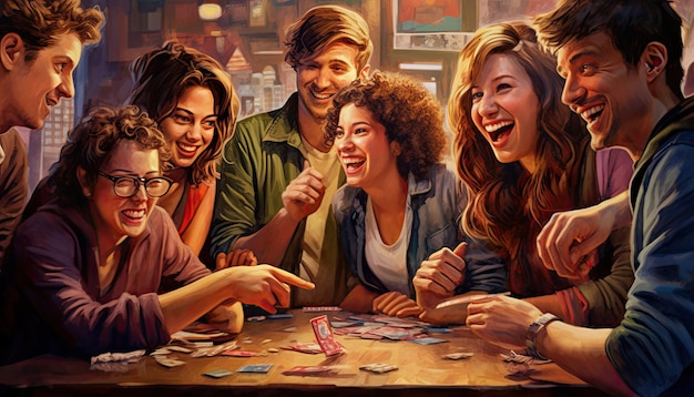 immagine di un gruppo di amici riuniti attorno a un tavolo assorti in un gioco da tavolo competitivo