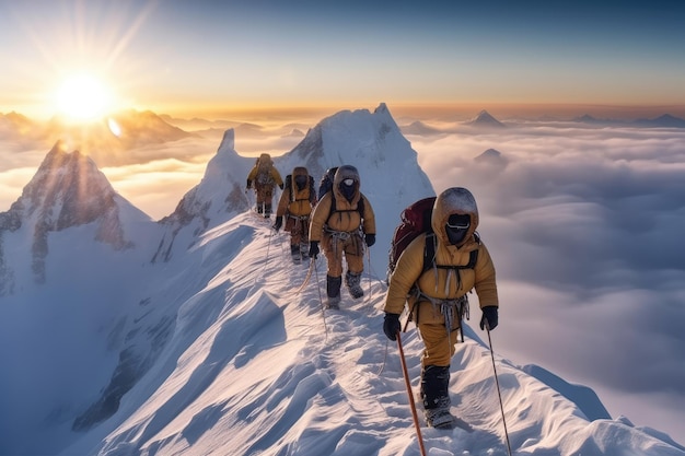 Immagine di un gruppo di sherpa e alpinisti che scalano il Monte Everest in una giornata di sole con tutta la loro attrezzatura per poter raggiungere la vetta Immagine creata con AI