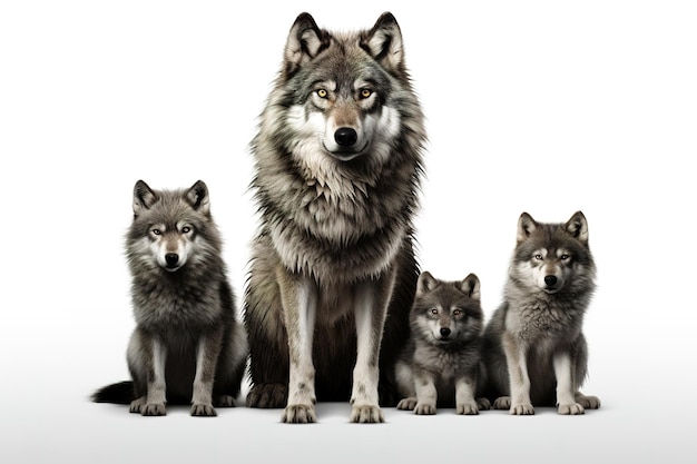 Immagine di un gruppo familiare di lupi su sfondo bianco Wildlife Animals Illustrazione Generative AI
