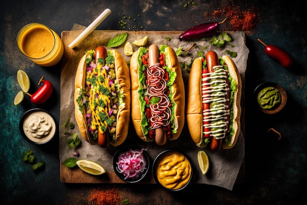 Immagine di un hot dog in primo piano con una varietà di condimenti e guarnizioni
