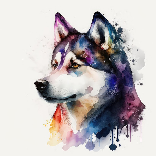 Immagine di un husky con occhi marroni dipinta ad acquerello su sfondo bianco Animali adorabili illustrazioni ad alta risoluzione arte AI