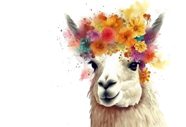 Immagine di un lama circondato da fiori tropicali colorati Illustrazione di animali selvatici AI generativa