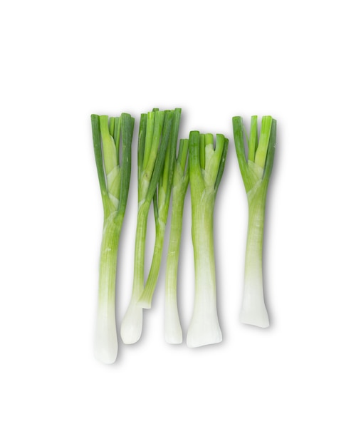 Immagine di un mazzo fresco di cipolle verdi o scalogno isolato su sfondo bianco