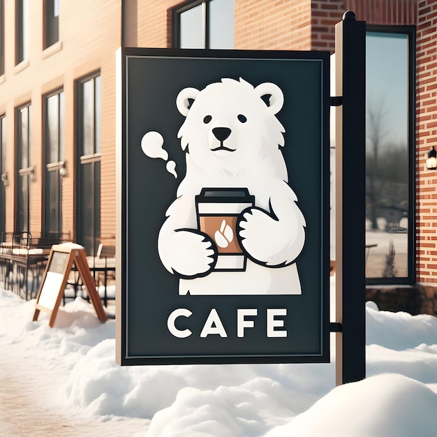 Immagine di un moderno logo di un cucciolo di orso polare che tiene il caffè su un cartello fuori da un edificio di mattoni