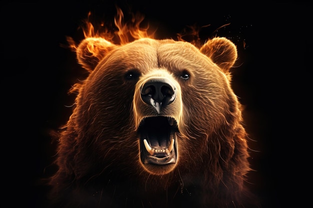 Immagine di un orso bruno arrabbiato e fiamme Animali della fauna selvatica Illustrazione AI generativa