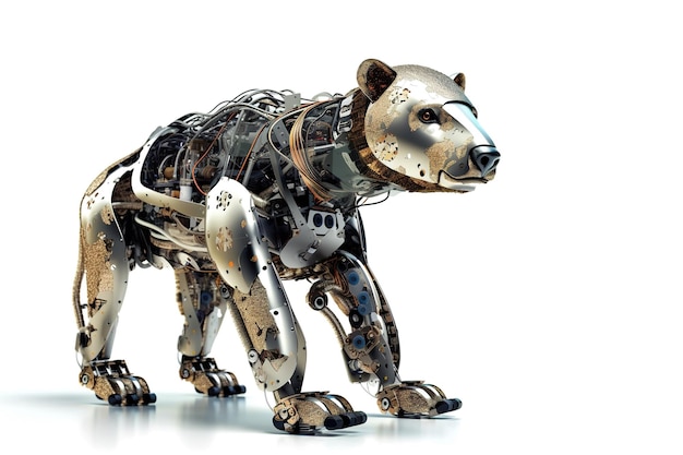 Immagine di un orso modificato in un robot elettronico su sfondo bianco Fauna selvatica Illustrazione degli animali IA generativa