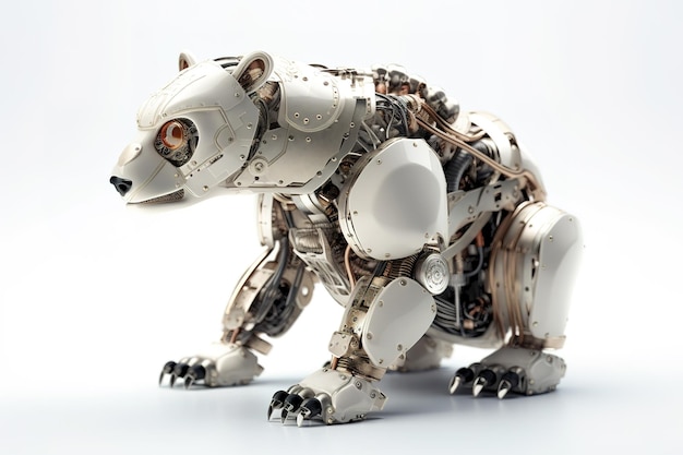 Immagine di un orso modificato in un robot elettronico su sfondo bianco Fauna selvatica Illustrazione degli animali IA generativa