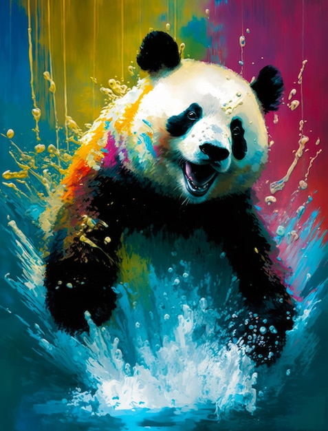 Immagine di un orso panda che sguazza nell'acqua con la bocca aperta IA generativa