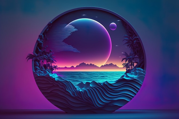 Immagine di un paesaggio marino oceanico astratto retrofuturistico con un cerchio al neon blu e viola e spazio di copia