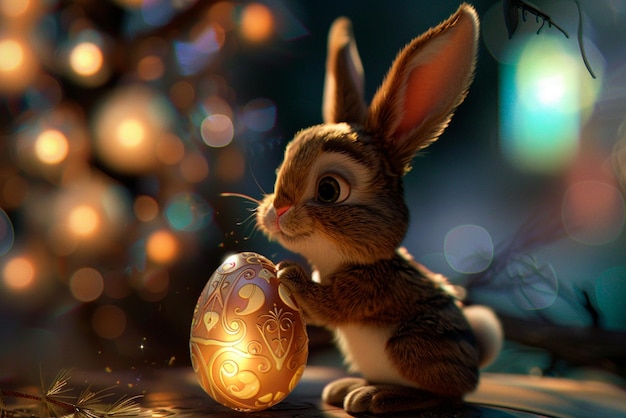 Immagine di un piccolo coniglietto carino che tiene un uovo