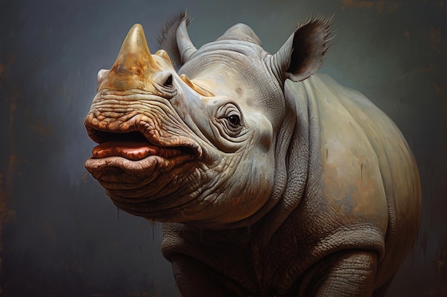 Immagine di un rinoceronte con una faccia buffa e la bocca aperta Illustrazione generativa dell'intelligenza artificiale degli animali selvatici