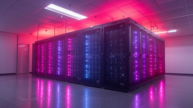 Immagine di un server rack futuristico con luci lampeggianti collegate a un supercomputer con spazio di copia sullo sfondo