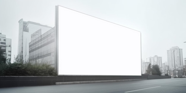 Immagine di un tabellone per le affissioni bianco vuoto in una moderna città futuristica AI generativa