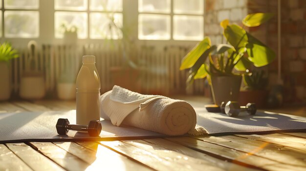 Immagine di un tappetino da yoga con un asciugamano arrotolato una bottiglia d'acqua e un manubrio su un pavimento di legno