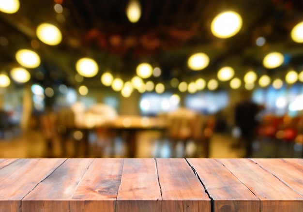 immagine di un tavolo di legno di fronte a uno sfondo sfocato astratto di luci restauranti