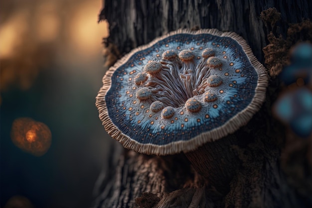 immagine di un tronco di legno ricoperto di funghi in una foresta scattata a distanza ravvicinata
