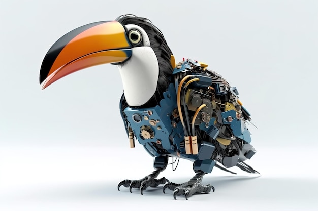 Immagine di un tucano modificato in un robot su sfondo bianco Uccelli Illustrazione di animali selvatici IA generativa