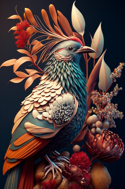 Immagine di un uccello seduto in cima a un ramo di un albero accanto a un mazzo di fiori IA generativa