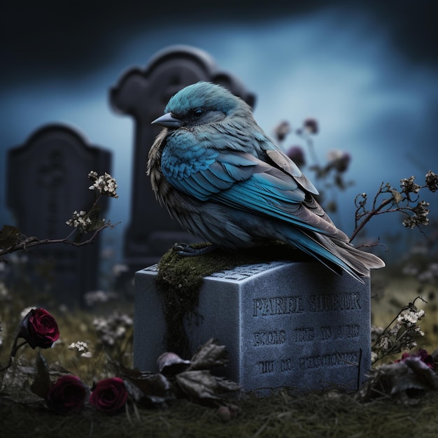 immagine di un uccello Twitter morto seduto su una lapide