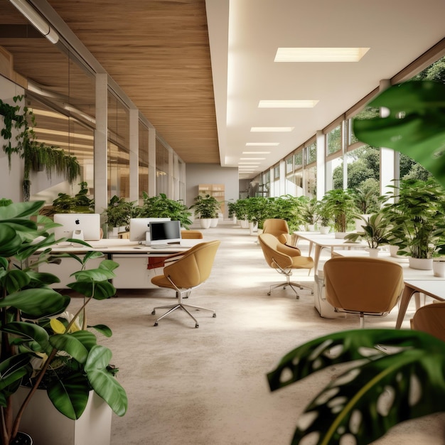 Immagine di un ufficio in cui ci sono diversi computer su cui lavorare Il concetto è che le piante d'interno proliferano per migliorare un ambiente sano Immagine creata con AI