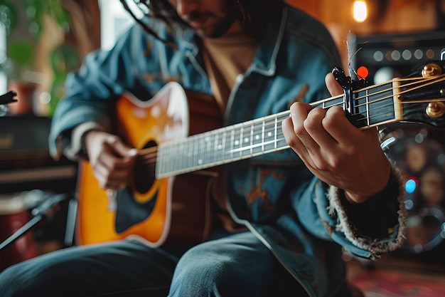 Immagine di un uomo che tiene in mano una chitarra acustica e una chitarra