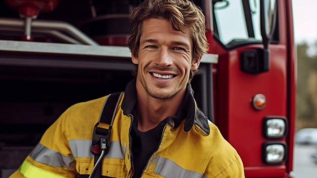 Immagine di un vigile del fuoco sorridente vicino a un'autopompa GENERA AI