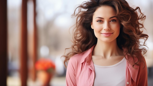 Immagine di una bella giovane donna bruna che sorride e guarda la telecamera