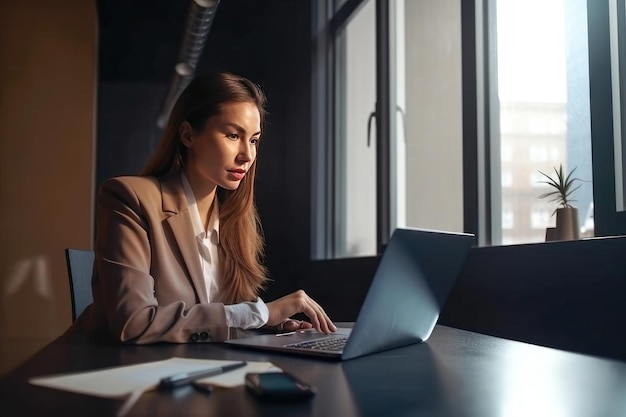 Immagine di una bella giovane donna d'affari al chiuso in ufficio utilizzando il computer portatile