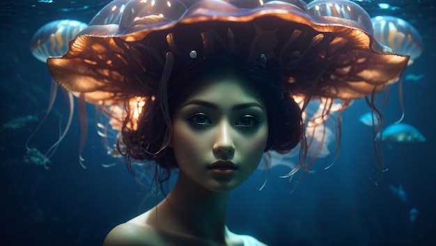 Immagine di una bella ragazza sotto l'oceano profondo con pesci e meduse