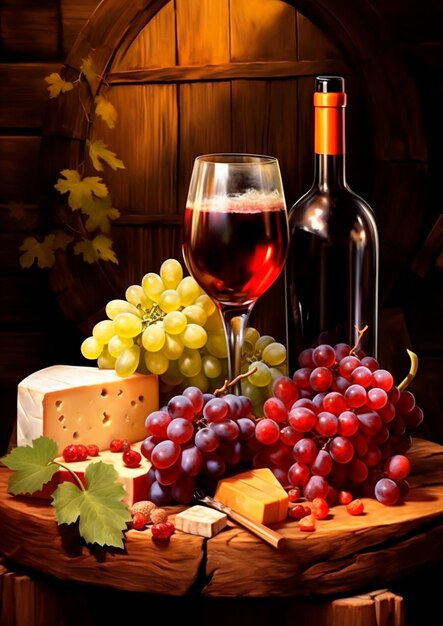 immagine di una bottiglia di vino rosso con formaggio e uva accanto