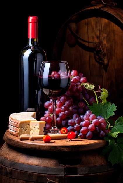 immagine di una bottiglia di vino rosso con formaggio e uva accanto