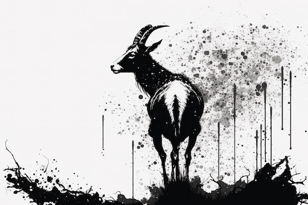 Immagine di una capra che disegna usando un pennello e inchiostro nero su sfondo bianco Animali della fauna selvatica Illustrazione AI generativa