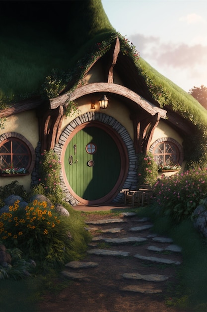 Immagine di una casa con una porta verde generativa ai