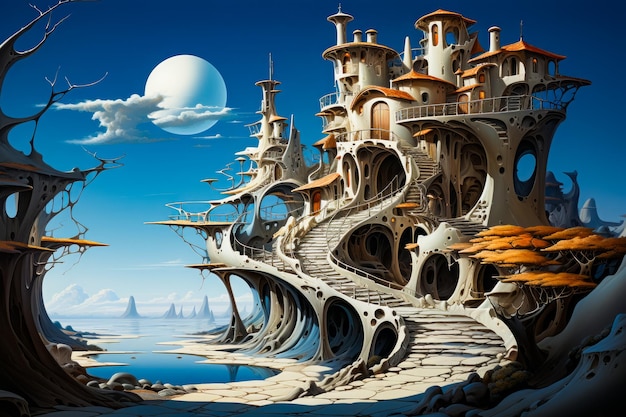 Immagine di una città futuristica su una scogliera vicino all'oceano