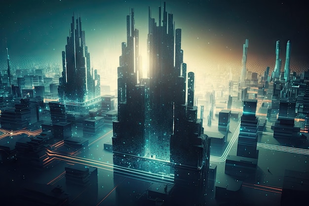 Immagine di una città spaziale futuristica astratta con nanotecnologie e controllo digitale creato con gen