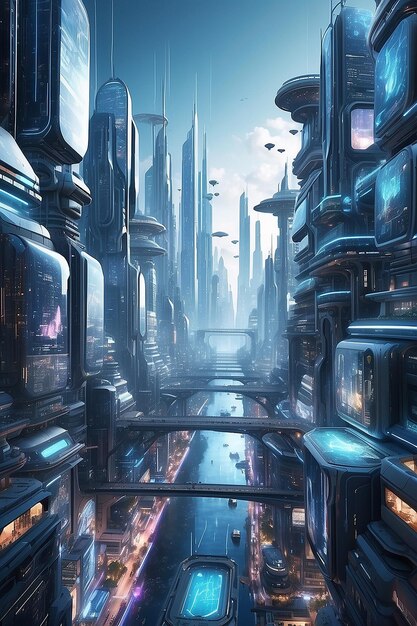 Immagine di una città virtuale nel metaverso futuristica digitale interconnessa immersiva vivace generativa ai