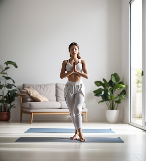 Immagine di una donna che pratica yoga bellissimi movimenti di yoga che pratica yoga a casa