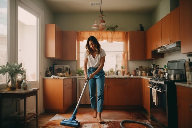 Immagine di una donna che pulisce la casa usando l'aspirapolvere