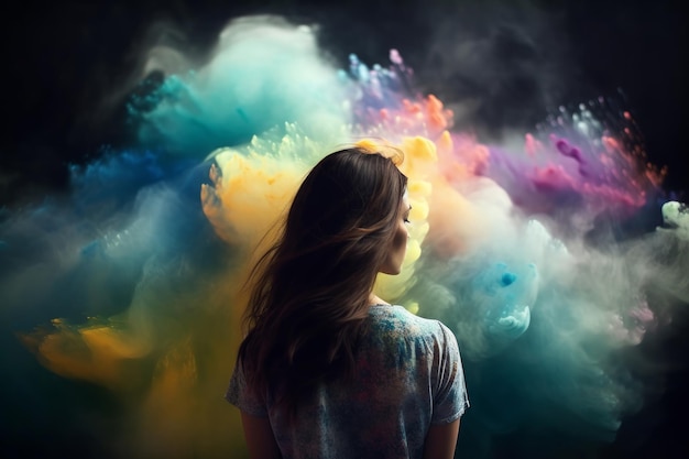 Immagine di una donna circondata da nuvole colorate Generative ai